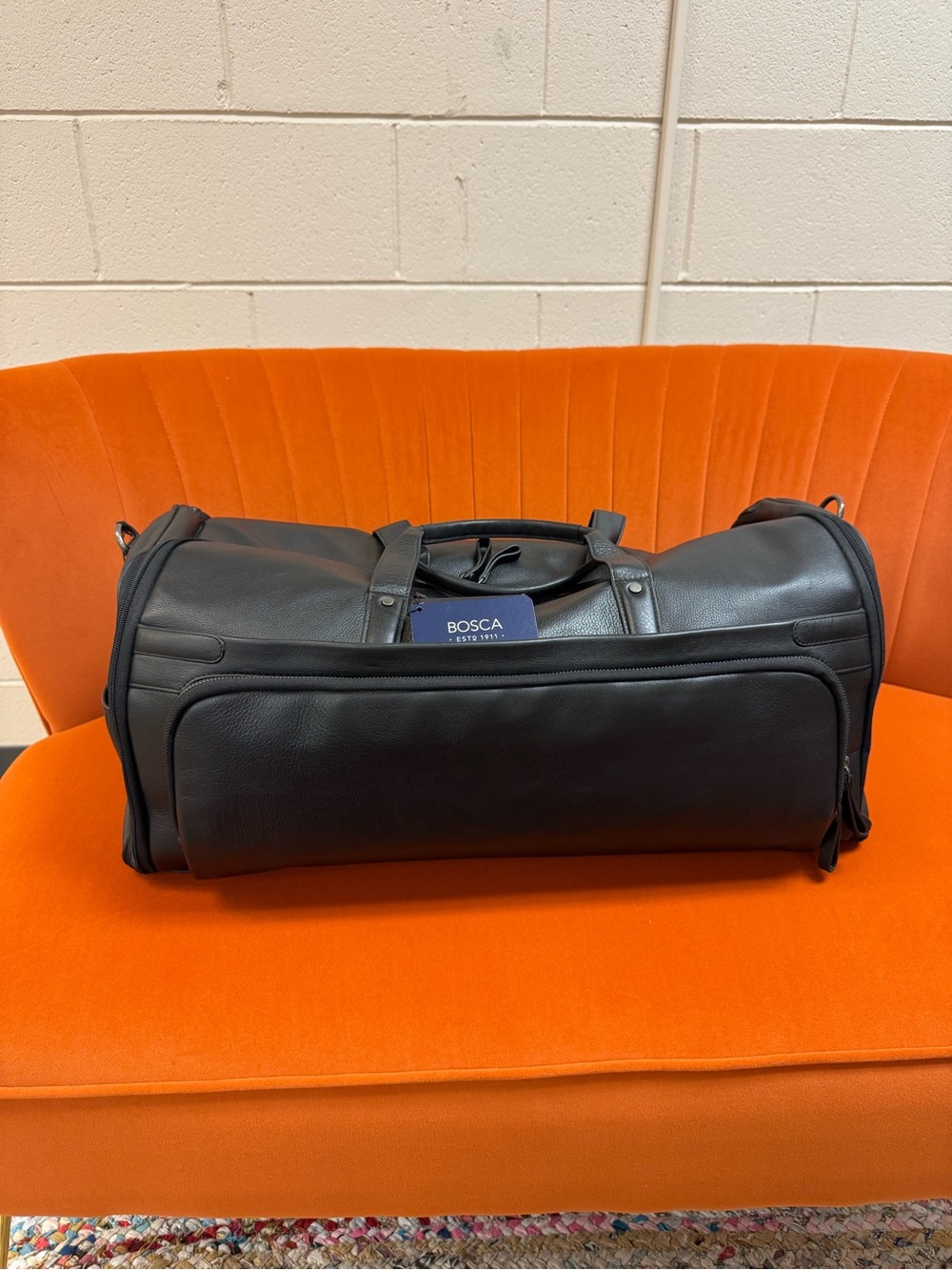 Bosca Black Leather Duffle/ Garment bag combo with Front Zip Pocket